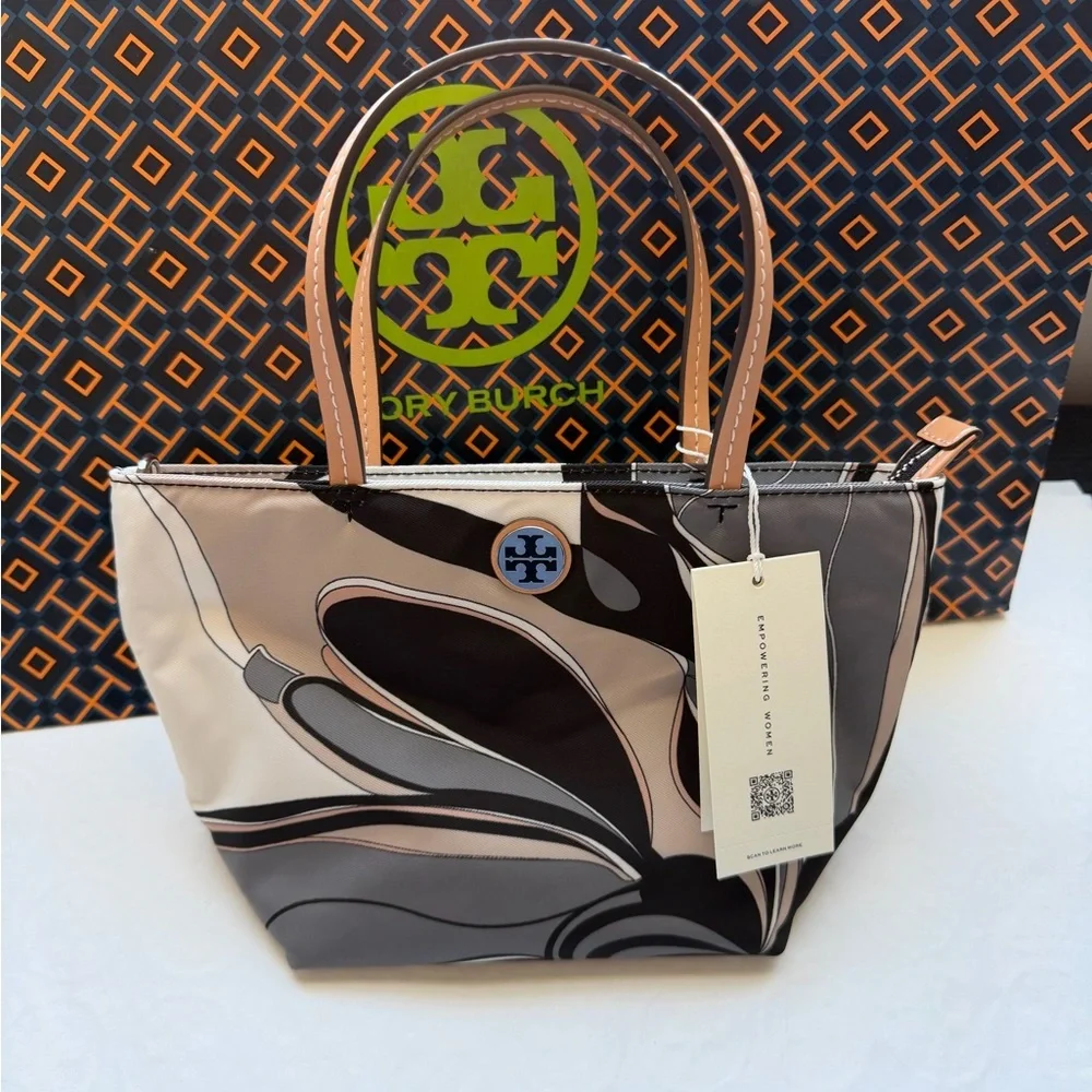 Tory Burch Nylon Printed Mini Tote Bag Crossbody Bag Black Twisty Flower Ella